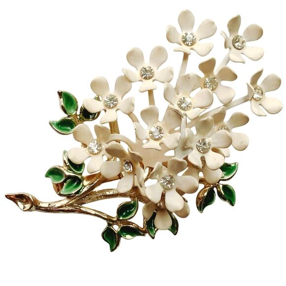 VTG Mid Century Enamel Dogwood Brooch Rhinestones Flowers Gold Tone Floral Pin - Picture 1 of 10
